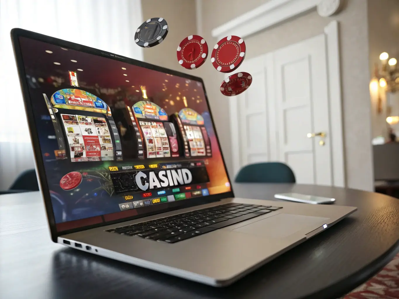 A tablet displaying the Win2023 Bet app's virtual casino section, featuring popular slot games and table games. The background shows a luxurious casino setting.