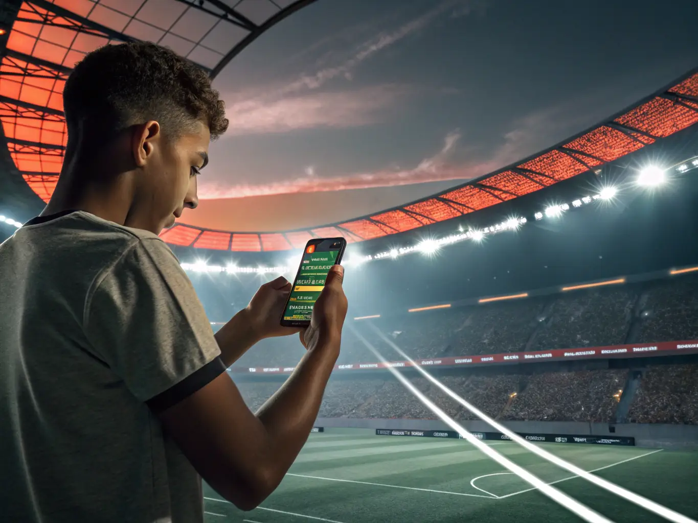 A smartphone displaying the Win2023 Bet app interface, showcasing live sports betting odds and options. The background features a blurred image of a vibrant Brazilian stadium.