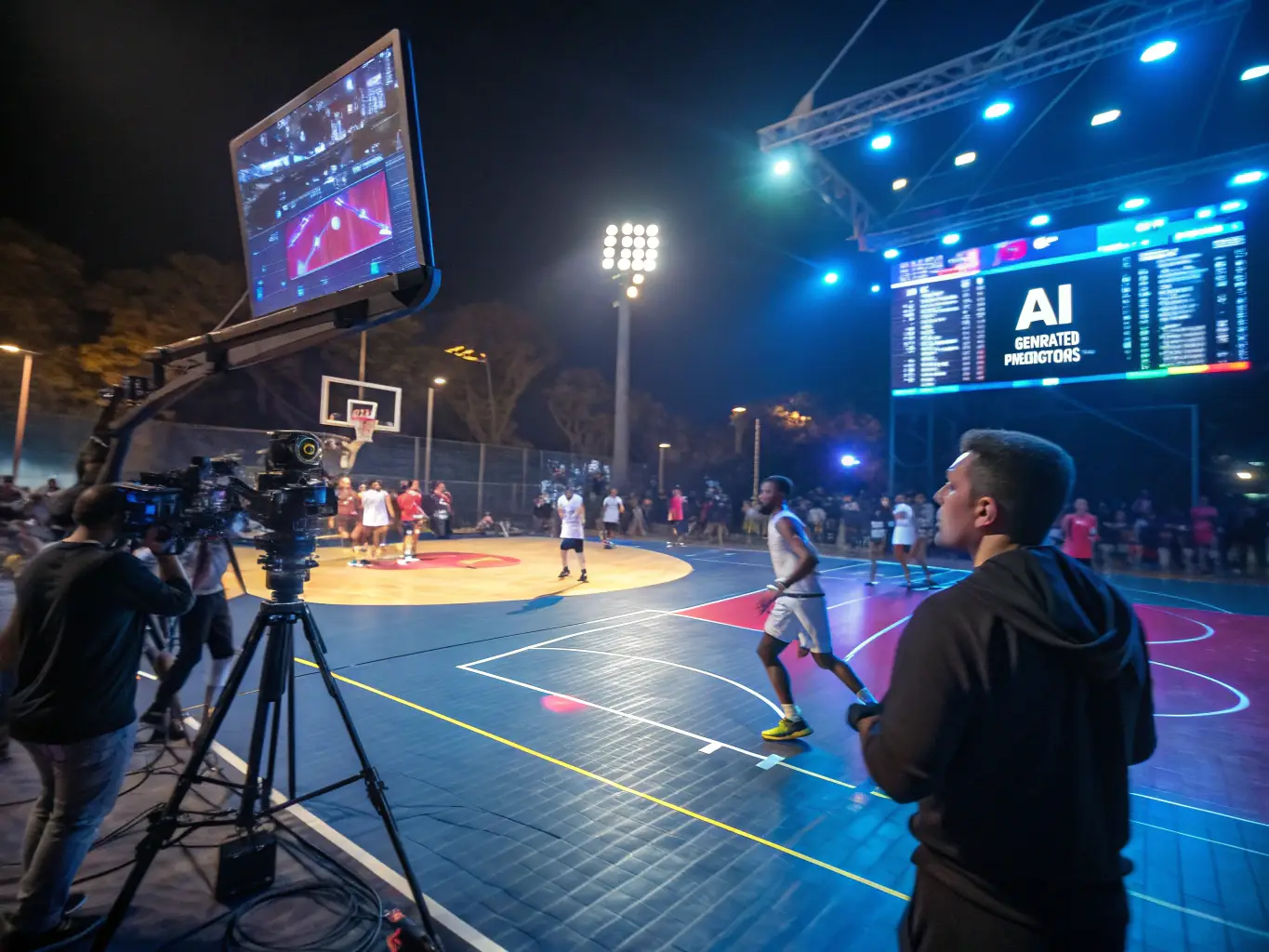 An action-packed image of a basketball game, capturing the intensity and excitement of the sport, with betting odds and statistics displayed in the background.