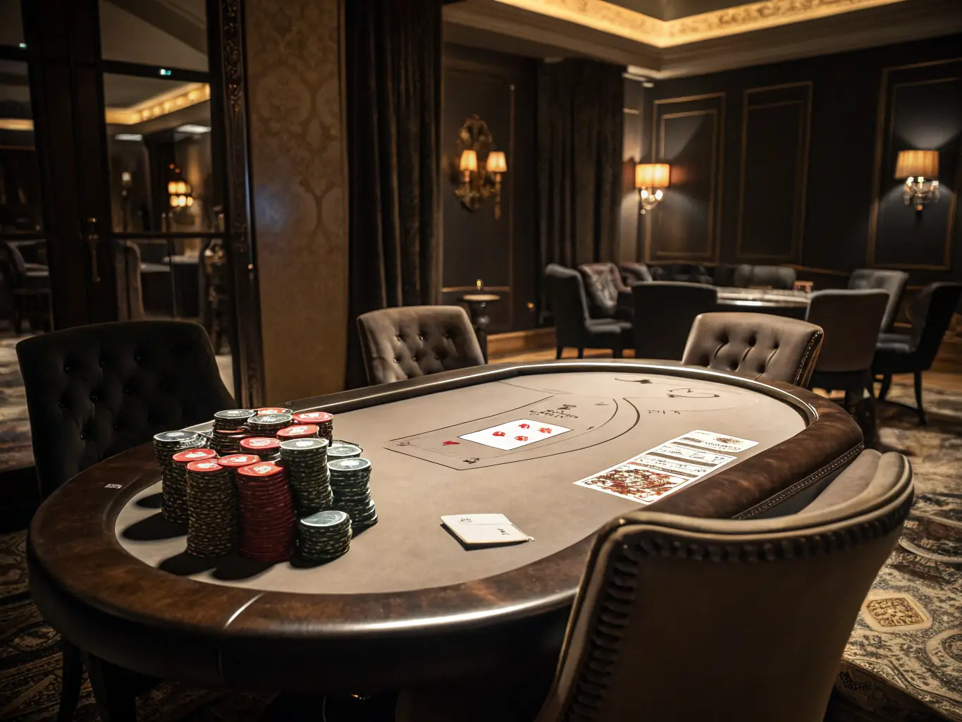 An elegant image of a classic table game setup, such as poker or blackjack, with chips, cards, and a dealer, creating a sophisticated and engaging atmosphere.