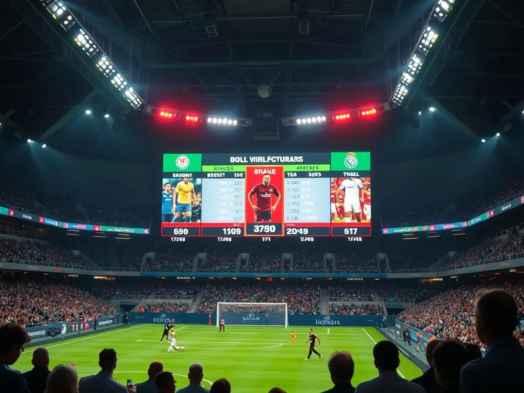 A vibrant image of a football stadium during a match, capturing the excitement and energy of live sports betting. The image should convey the thrill of placing bets in real-time.